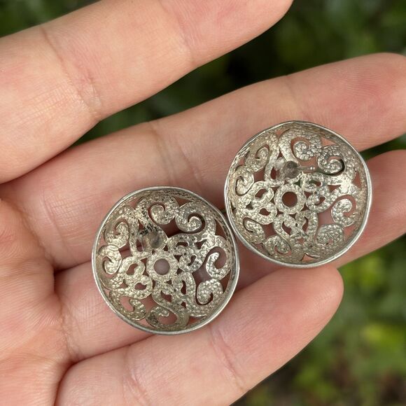 Vintage Handcrafted Sterling Silver Filigree Dome Earrings 7.1g Ornate Floral - Picture 4 of 6